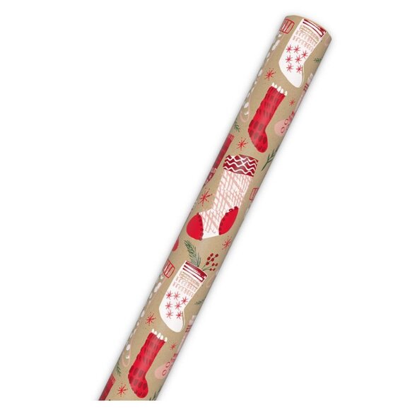 Hallmark Wrapping Paper Christmas Stockings on Kraft 90 sq ft Jumbo Roll Holiday - Picture 3 of 5